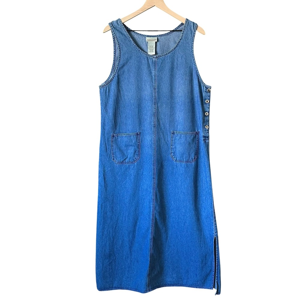 Vintage 90s Expressions Denim Jumper Dress Blue Cotton Sleeveless Side Buttons L